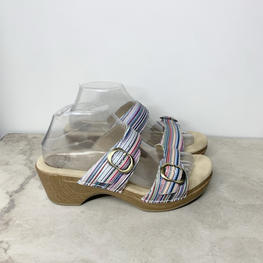 Dansko Sandals Women 39 Size 8.5 9 Shoes Blue Stripe Leather Low Heels Slip On